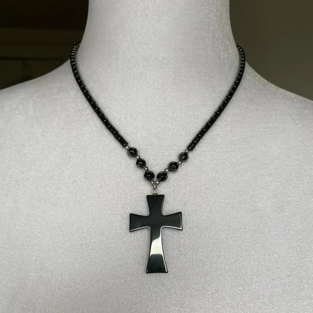 vintage y2k hematite cross pendant necklace whimsigoth grunge goth emo jewelry